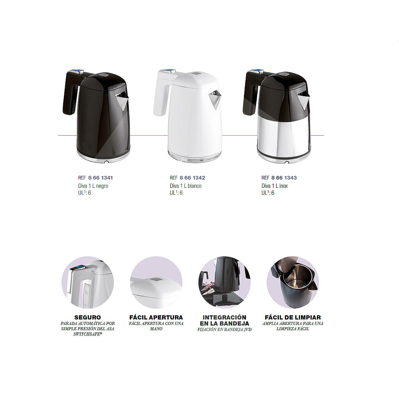 Hervidor Diva 1L; acabados disponibles