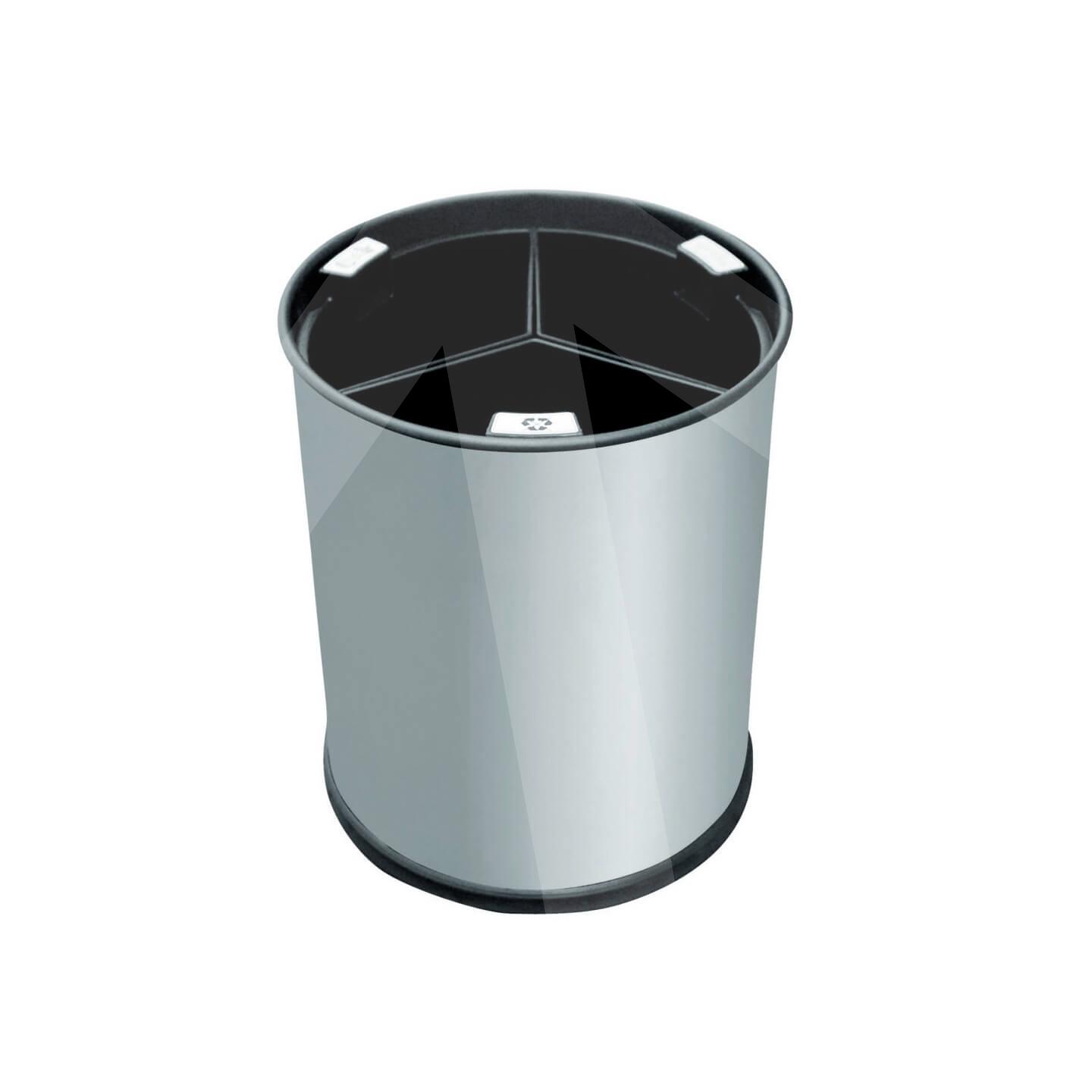 Papelera redonda triselectiva; inox. satinado + cubos negros